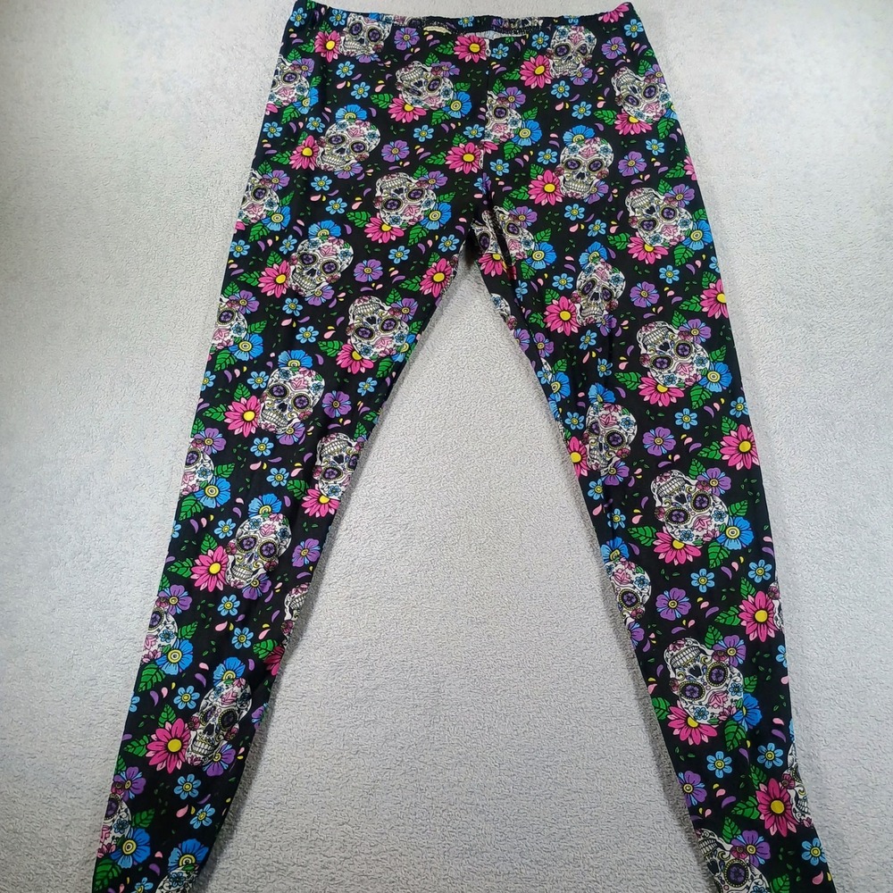 Bobbie Brooks Women Leggings Sugar Skull Floral Black XL Stretch Comfort